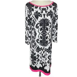 Eliza J Size 8 Black and White Acanthus Print Fitted Sheath Dress Hot Pink Trim